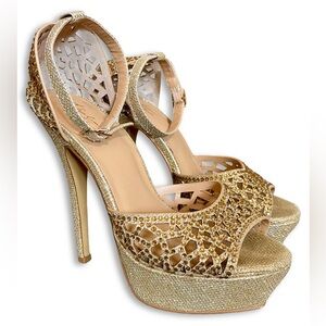 Gold Rhinestone Platform Heels Ankle Strap Prom Party Stiletto Pumps Size 7
